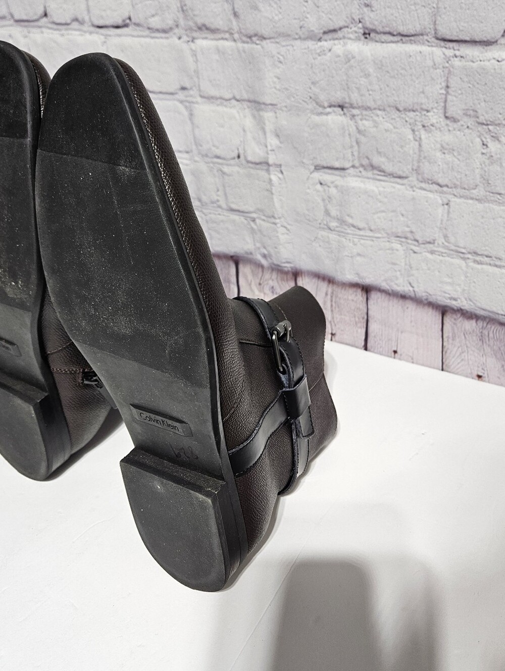 Calvin Klein Black Leather Ankle Boots with Buckle Strap - Picture 4 of 8